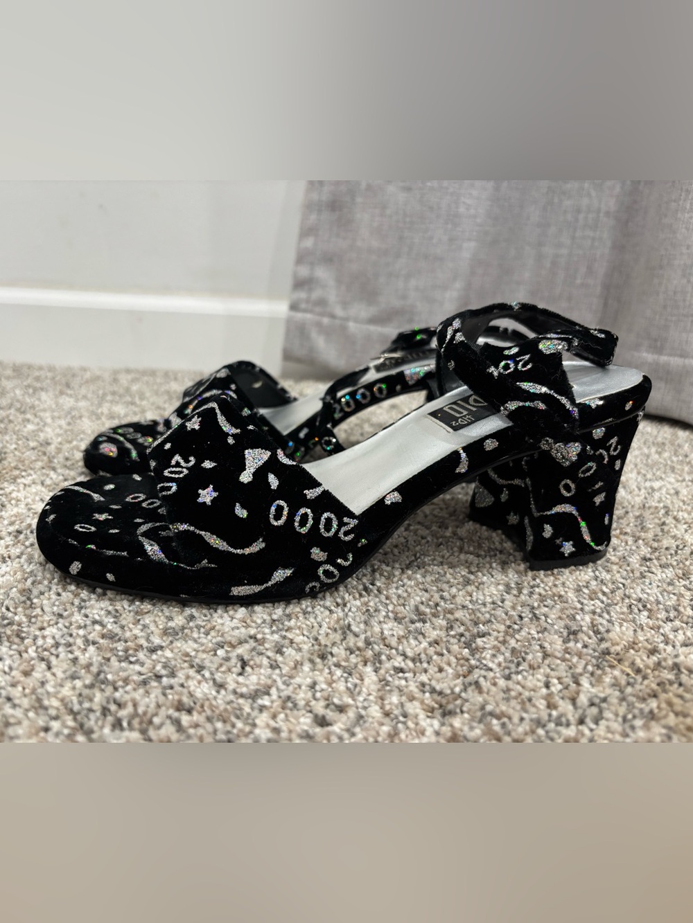 Vintage Studio Black Velvet Heels with Holographic Glitter Motif Y2K 2000